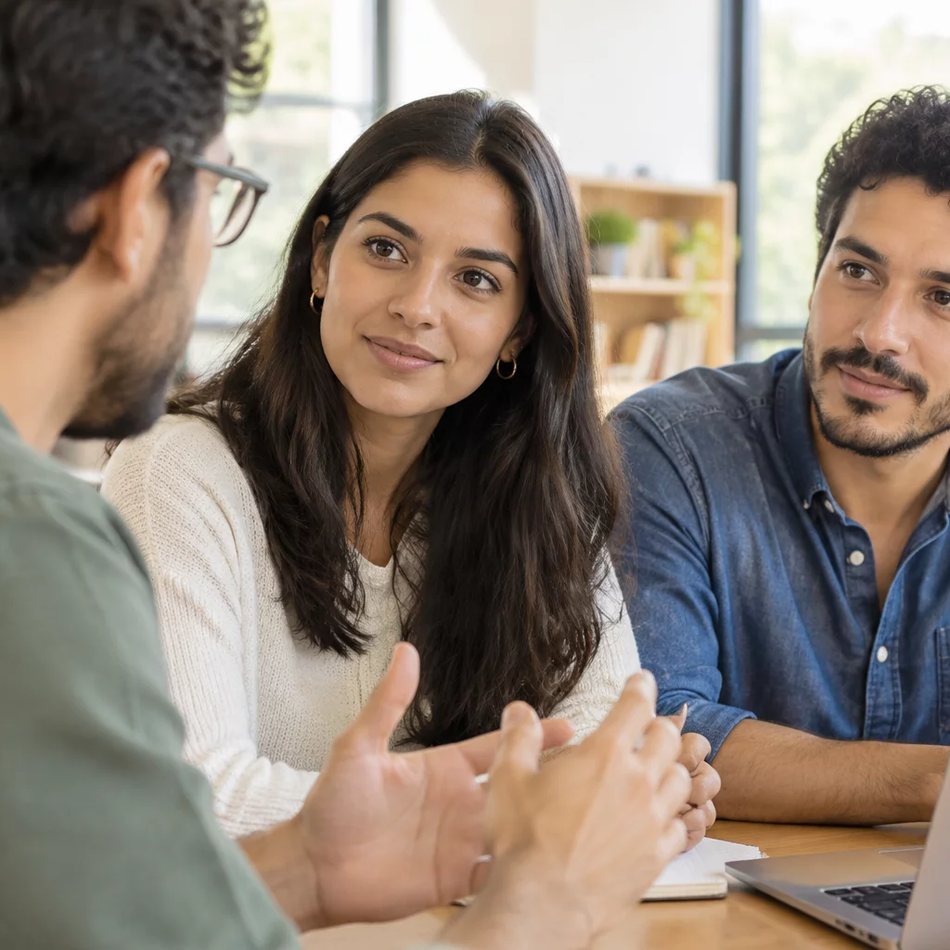 Duas participantes conversando de pé entre as estantes de uma biblioteca